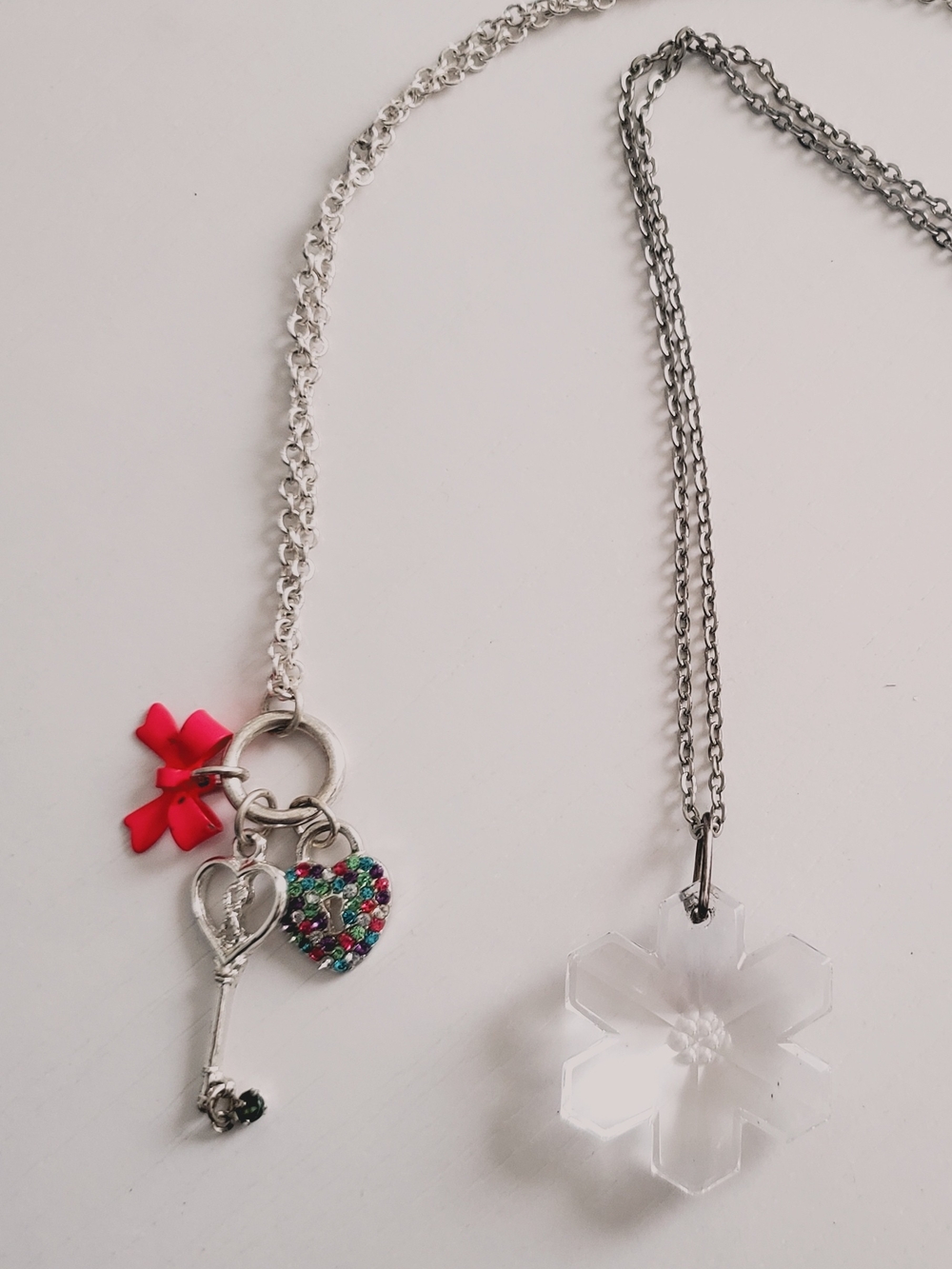 Silver Snow Pendant  &  Charm Necklace with Pink Bow - Set Of Two